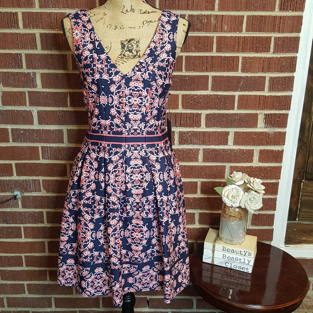 Vince Camuto Floral Pleated Fit Flare Scuba Dress